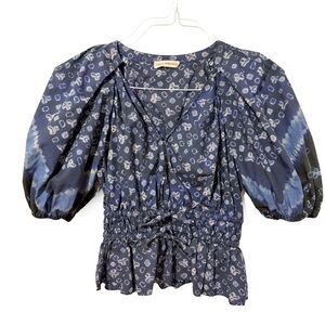 ❤️ Ulla Johnson Navy Blue Patterned Blouse | Small | Puff Sleeve & Waist Details